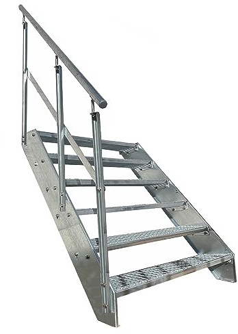 Kaminbau Mierzwa Premium Stahl Treppe Geländer Links Verzinkt 6 Stufen (Breite 600 mm) (Höhe 114 cm) Wetterfest Gitterroststufe Gartentreppe
