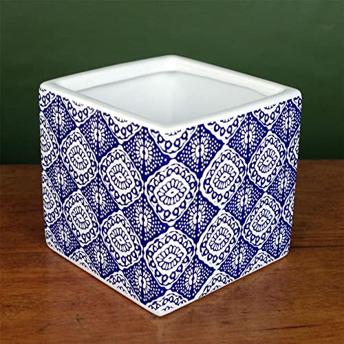 Leaf Cache-Pot d'intérieur en céramique avec imprimé Bleu et Blanc, 12 cm