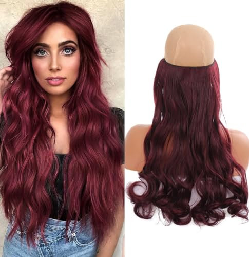 55CM Secrets Hair Extensions,Invisible Hair Extensions Lange Gewellt Aschblond Haarverlängerung Invisible Secret Haar Extension Synthetik Hair Unsichtbarem Haarteile für Frauen (Rotwein)