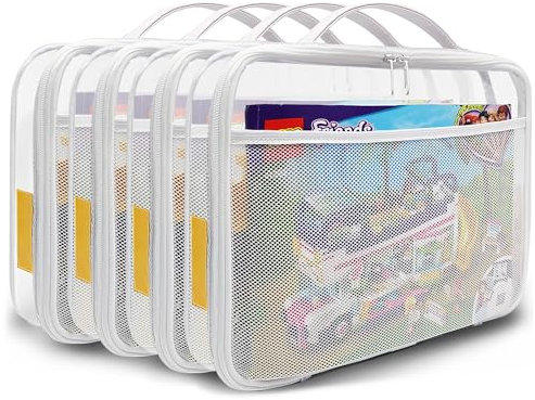 holay 4 Packs PVC Zippered Blocks Set, Toy, Clay, Board game Storage Organizer Case Bag(Name Tag, Manual Pocket) (White, Large)