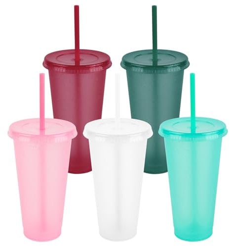 5 pièces colorées gobelets réutilisables en plastique avec couvercle et pailles, gobelets 24oz,incassables,pour les fêtes,le camping et les enfants,gobelets en plastique Smoothie Café Tasse de voyage