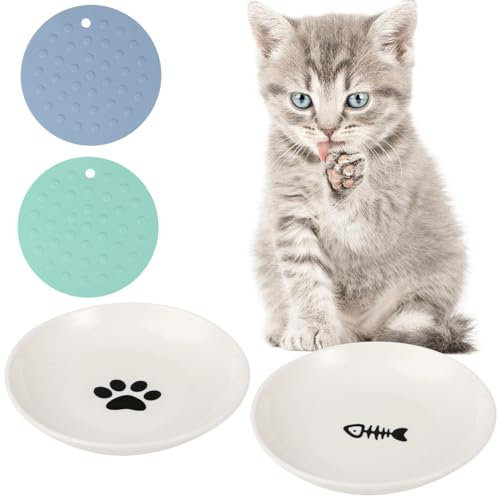 Dorakitten Cat Food Bowls, 2 Packs Cat Feeding Plates with 2 Non-Slip Silicone Mats, Whisker Stress Free Cat Bowls Wide & Shallow, Wet & Dry Food Dishes for Cats, Puppies, Dishwasher Safe