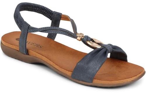 Pavers Women's Flat Strappy Sandals in Navy - Peep Toe Casual Shoes with Wider D/E Fit - Comfortable Ladies Summer Footwear - Size UK 5 / EU 38