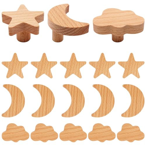 YuGtcen 18pcs Wooden Cabinet Knobs, Star and Moon Shape Drawer Pulls Nursery Dresser Knobs Woodland Animals Wooden Knobs for Crafts Handles for Furniture Cupboard Closet Door (Moon Star Cloud)
