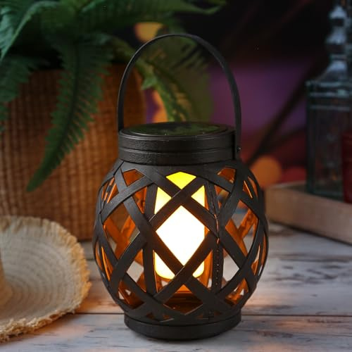 LED Solar Laterne mit Flammeneffekt outdoor Solar Windlicht Tischleuchte für Außen Garten Balkon Terrasse flackernde LED H: 16cm schwarz