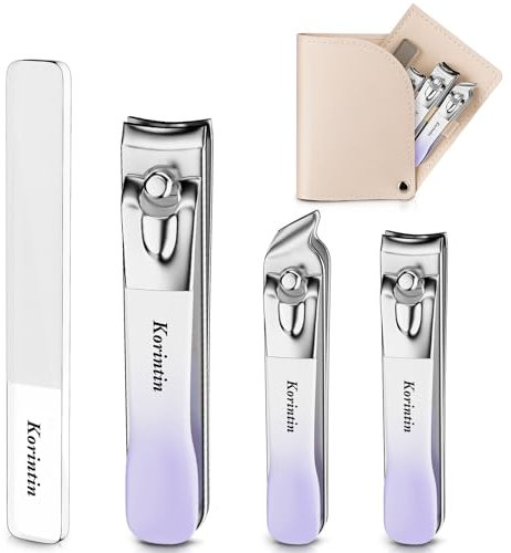 Korintin Lot de 4 coupe-ongles avec lime et étui en cuir, coupe-ongles en acier inoxydable très résistant, coupe-ongles pour homme et femme, outils de manucure et pédicure (violet)