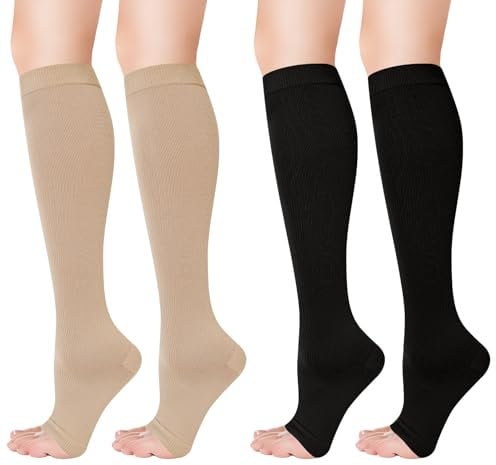 2 Paar Kompressionsstrümpfe Damen, 20-30 mmHg Compression Socks Lange Kompressionssocken Reisestrümpfe Stützstrümpfe für Krampfadern Ödeme Flug Sport Reisen,S/M