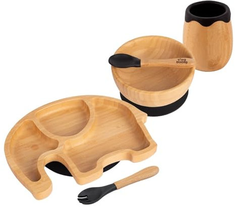 Tiny Dining 5pc Schwarz Bambus-Elefant-Baby-Entwöhnungsset - Kleinkind Kinder Essen Fütterung Teller Platte Schüssel Löffel Besteck - Silikon Saugnapf