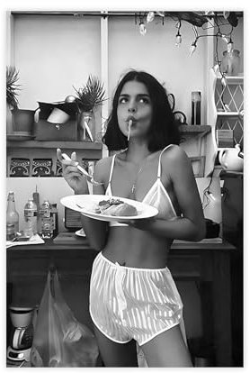 bacrhjlb Poster auf Leinwand, Motiv: Frau isst Spaghetti, Schlafzimmer, Dekoration, Landschaft, Büro, Raumdekoration, Geschenk, 30 x 45 cm