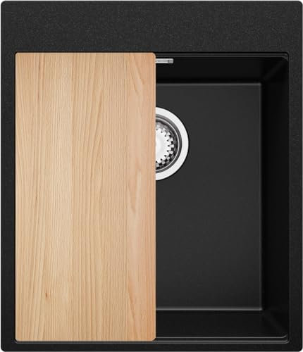 PRIMAGRAN Evier Cuisine en Granit Noir 43x50cm, Lavabo 1 bac + Kit de Vidage + Égouttoir Enroulable, Évier à Encastrer au meuble 45cm - Oslo
