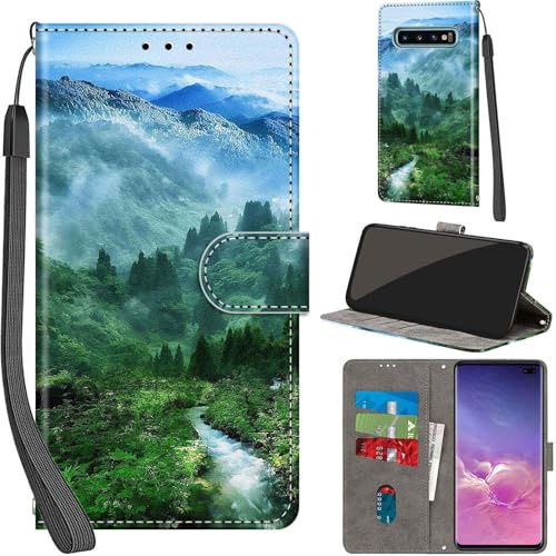 Handyhülle für Samsung Galaxy S10 Plus Hülle Leder Wallet Wald | 3 Kartenfächer & 1 Geldfach, Magnetverschluss, Ständerfunktion, robuste premium PU leder klapphülle für Samsung S10 Plus