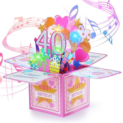Joyoldelf Geburtstagskarte für Damen, 40 Jahre, Musikkarte, 3D, Pop-Up, Geschenk zum Geburtstag für Mädchen, ideal für Mutter, Freundin, Mutter, Schwester, Freundin, Begleiter, Familienfeier