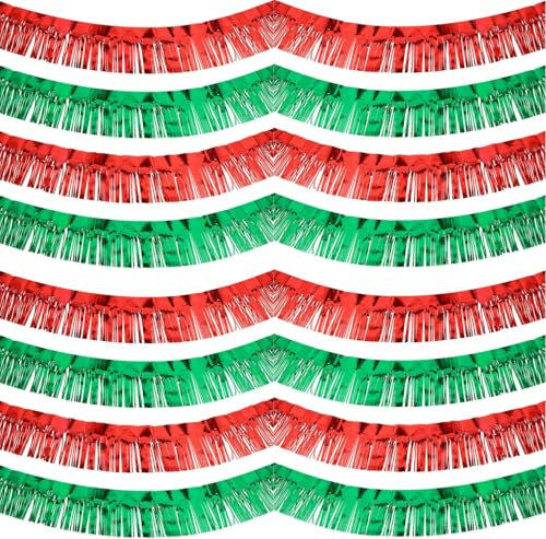 KAHEIGN 8 Pezzi Ghirlande di Frange Natalizie, 30CM x 3M Rosso Verde Ghirlanda di Frange in Lamina Lucida Orpello Scintillante Spesso Metallico per Albero di Natale Vacanze Festa Decorazione