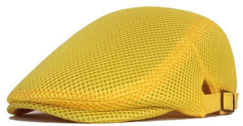 HIQIU Unisex Schirmmütze Baskenmütze Herren Atmungsaktiv Mesh, Flatcap Damen Sommer Gatsby Newsboy Barett Kappe, Schiebermütze Herren Sommer Hut Sportmütze Einstellbar 55 cm-60 cm (Gelb)