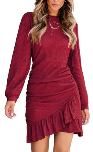 CUPSHE Women's Mini Dress Floral Eyelet Picot V Neck Elastic Waist A-Line Casual Party Cocktail Slip Short Dress Wine Red L