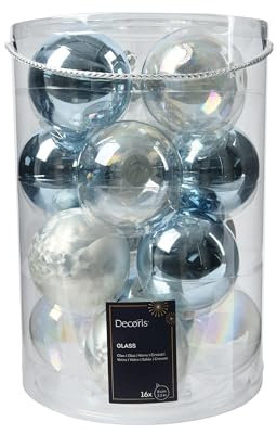 Kaemingk Weihnachtskugeln Glas 8cm 16 Stück - glänzend - Große Christbaumkugeln Weihnachtsbaumkugeln für Weihnachten - Christbaumschmuck & Weihnachtsbaumschmuck - Eisblau/Weiß Mix