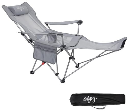 #WEJOY 2-in-1 Campingstuhl Faltbar, Strandstuhl mit Verstellbarer Rückenlehne & Fußstütze Angelstuhl Campingstühle für Erwachsene mit Wattepad Kissen Getränkehalter Armlehnentaschen Grau