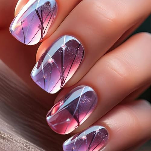 24PCS French Tip Press On Nails for Women and Girls, Short Square Pink Purple Glitter Nails with Glossy Finish, Full Cover Acrylic with Secure Fit, Easy DIY Nail Art with Natural Elegant Look