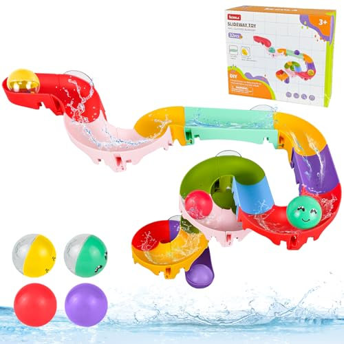 YUUTIAL Bath Toys for 3+ Year Olds,32Pcs Slideway Bath Toy DIY Slide Track Bath Toys with Suction Cups,Track Game Shower Water Toys for Kids Bath Time
