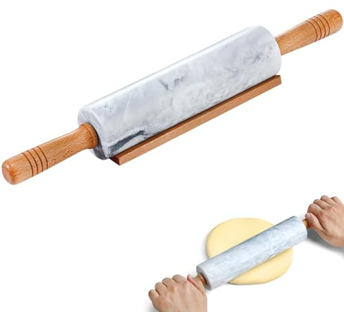 Gymdin Mattarello in marmo – Mattarello in marmo da 48 cm per cottura, pasticceria, pasta per pizza e altro ancora, superficie lucida antiaderente, rullo per impasto lungo con manici e base in legno