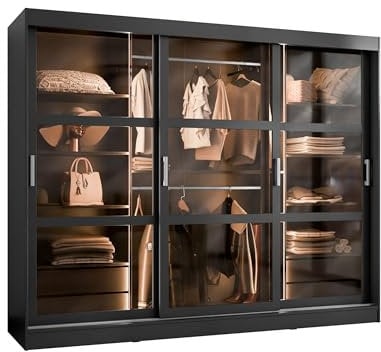 Mirjan24 Kleiderschrank Norlio mit glastüren, Schwebetürenschrank mit Rauchglas, Schiebetürenschrank mit einlegeböden und Stange, Garderobe (Schwarz, mit LED Beleuchtung)