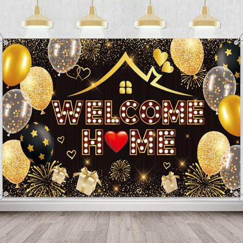 Xietaea Welcome Home Deko Banner - Schwarz Gold Willkommen Zuhause Dekoration Hintergrund, Familie Rückkehr Familienfeiern Party Babyparty Dekorationen 180 x 120cm