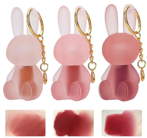 3 PCS Bunny Lipgloss,2-in-1-Schlüsselanhänger Lipgloss Set,Cute Rabbit Matte Liquid Lipstick Set,Wasserdichter und Langlebiger Antihaftbecher für Frauen und Mädchen