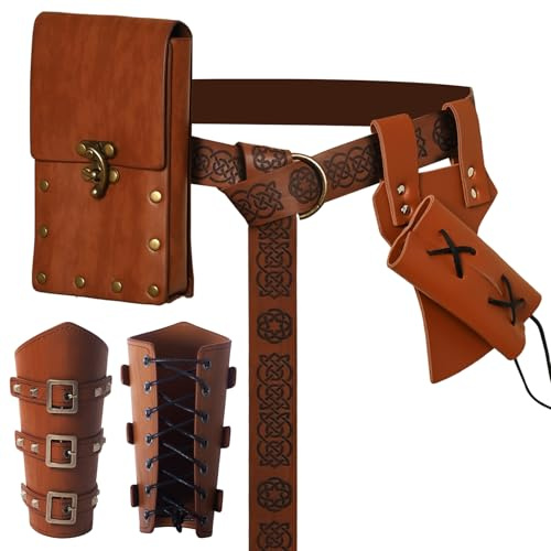 JDFAIJEAL Kit di accessori per cavaliere medievale, 4 pezzi, cintura in pelle PU, braccioli, custodia rettangolare e rana da spada, set per uomini e donne (stile vichingo/nordico, costume unisex)