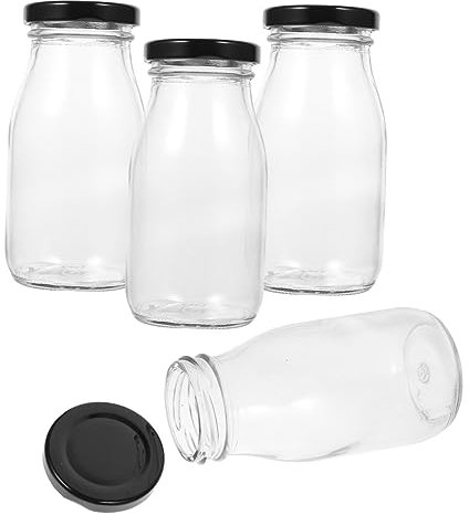 Ipetboom 4 Pièces Bouteilles Verre pour Lait avec Couvercle de Récipients de Conservation pour Réfrigérateur Parfaits pour Lait Jus et Yaourt