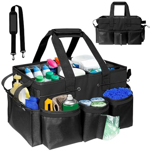 Jonuin Cleaning Caddy with Handle, Professional Cleaning Bag with Detachable Divide, Adjustable Shoulder Strap & Waist Belt, Large Cleaning Caddy for Cleaning Supplies, Home, Car, Garden, Craf (Black)