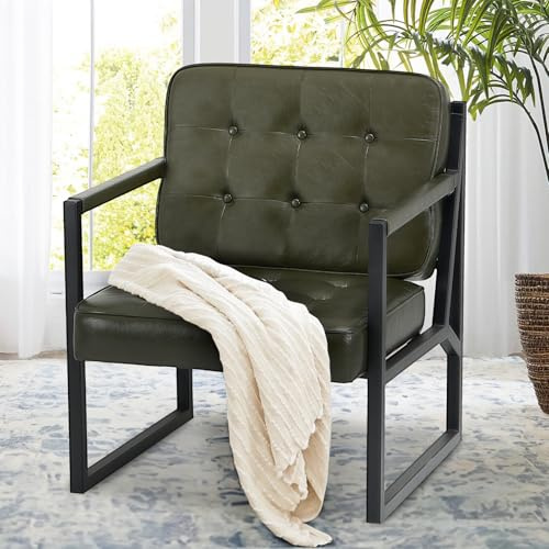 COLAMY Mid Century Modern Accent Chair Set of 1, Comfy Living Room Armchair with Metal Legs, Faux Leather Reception Arm Chair for Living Room Bedroom Reception Office, Green