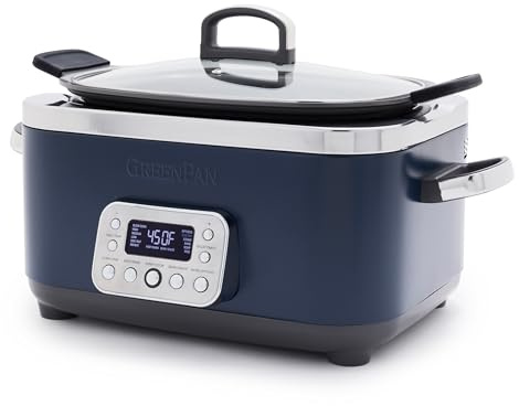 GreenPan Elite 14-in-1 Nonstick 6QT Electric Slow Cooker, PFAS-Free Ceramic Multi-Cooker, In-Pot Browning, Dishwasher Safe Lid & Removable Crock, Stainless Steel Steamer, Silicone Handles, Oxford Blue