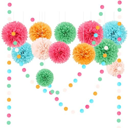 AOBKIAT Bunt Pompons Deko für Geburtstags Mädchen,15 Stück mit Regenbogen Seidenpapier Pompons,Runde Papier girland,für Hochzeit,Babyparty,Weihnachten,Hängende Dekoration