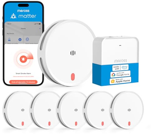 Meross Matter Rauchmelder Vernetzt mit APP Warnmeldung, 6er mit MSH450 Hub | Smart Feuermelder WLAN mit Dual-Lichtsensor, Brandmelder Kompatibel mit Home Assistant, HomeKit, Alexa, 33 mm