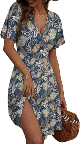 Zeagoo Vestido de verano para mujer, cuello de pico, manga corta, vestido de playa, estampado floral, vestido con bolsillos, volantes, mangas envolventes, S-XXL