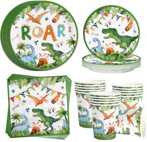 Stoviglie per Feste di Dinosauro, 96 Pezzi Piatti Carta Tovaglioli Bicchieri Dinosauri, Stoviglie per Feste di Compleanno Dinosauroper, Buon Compleanno Decorazioni Bambino Safari Giungla, 24 Ospiti