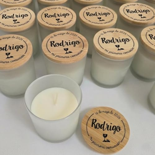 VELAS PERSONALIZADAS en tarro de Cristal con Tapa de Bambú-Aroma de Vainilla-Detalles para Boda, Bautizo o Comunión y otros Eventos, Pack 10. Regalos para invitados. REGALOS TPMAS
