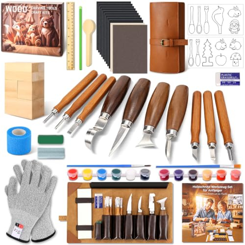 MKLG 35-Teiliges Schnitzmesser Erwachsene Set –Holzschnitzwerkzeug Set | Komplettes Schnitzset für Erwachsene mit 10 Schnitzmessern, Holz, Handschuhen etc–Wood Carving Knife Set & Schnitzwerkzeug Set