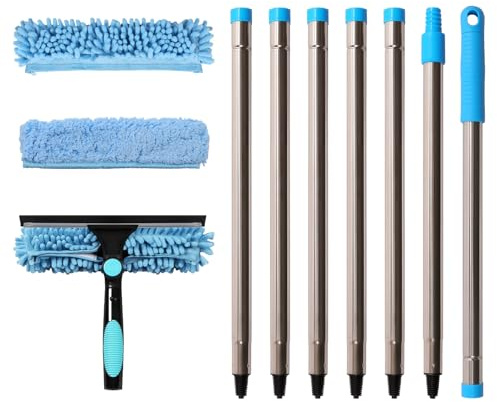 Terafeels Juego de limpiacristales telescópico de 280 cm con extractor, 2 en 1, barra telescópica para limpieza de ventanas para interiores y exteriores, ventanas altas, parabrisas (Azul)