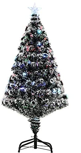 HOMCOM 4ft Artificial Prelit Christmas Tree, Snow Xmas Tree with Colourful LED Lighting Fiber Optics, Green White
