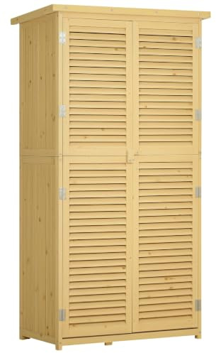 Outsunny Gartenschrank Holz Asphaltdach 87 x 46,5 x 160 cm Naturholz | Geräteschuppen, Gerätehaus, Lamellentür, Geräteschrank, Schuppen Garten, 4 Fächer