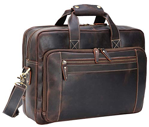 compalo Men's Solid Thick Full Grain Leather 17.3 Laptop Briefcase Classic Messenger Bag Fit Business Travel