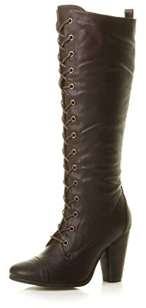 AJVANI high chunky heel lace up calf knee military biker boots size 7 40