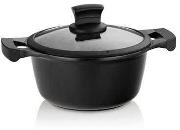 kela Kochtopf Stella Nova, Ø 20 cm, 2,2 L, Aluguss, schwarz, Allherdboden, antihaftbeschichtet, mit Glasdeckel, Softtouchgriffe, hitzebeständig bis 180° C, 12218