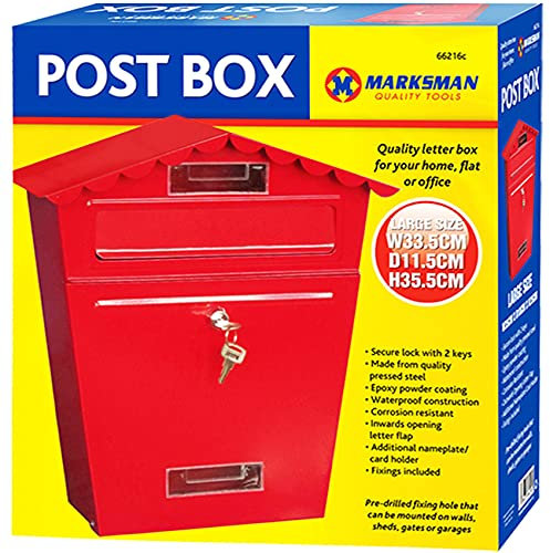 MARKSMAN LARGE POST BOX Mail Classic Letter Holder Steel Lockable Weatherproof Heavy Duty Outdoor Wall Mounted For Home, Flat Or Office + 2 Keys RED, GREY, BLACK UK FREE P&P (Red)