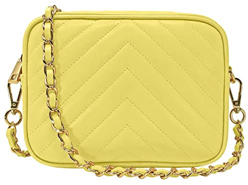 Parubi, Borsa Donna a Tracolla, In Vera Pelle Trapuntata, Made in Italy, Modello Lola, Borsetta Gialla Matelassé Piccola con Catena Pochette a Tracolla Clutch Da Donna Ragazza Elegante, Giallo
