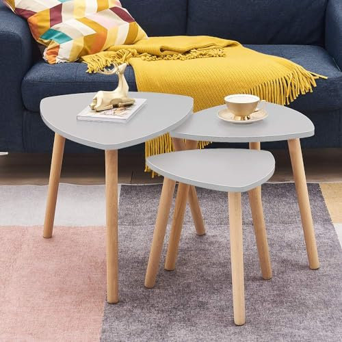 Panana Triangle Nest of 3 Tables, Modern Coffee table Tea End Table Wooden Side Table with Sturdy Legs Living Room Lounge funiture (Gray2)