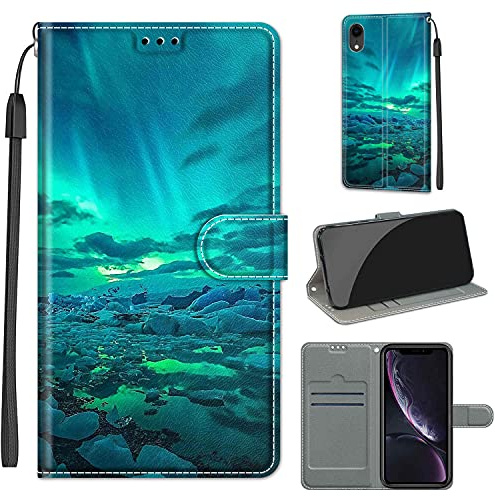 TOMYOU Hülle für iPhone XR, grüne Aurora | Standfunktion, Kartenfach, Magnetisch, Stoßfeste Schutzhülle, Flip Leder, Klapphülle