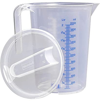 hünersdorff Messbecher 2l mit Deckel | Polypropylen (PP) | bruchsicher und spülmaschinengeeignet | offener Griff , Transparent+blau