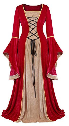 Josamogre Renaissance Femmes Robes Médiévale Velours Manches Longues Parti Déguisements Costume Halloween De Mariée Gothique Rouge XS